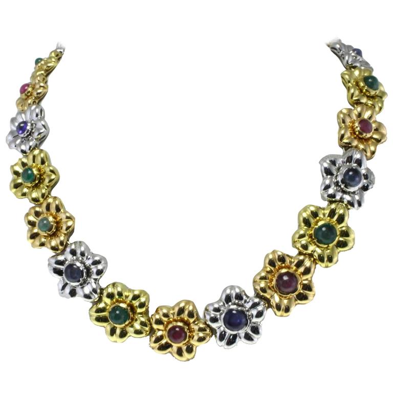 18 kt Gold Sapphire Ruby Emerald Necklace For Sale at 1stdibs