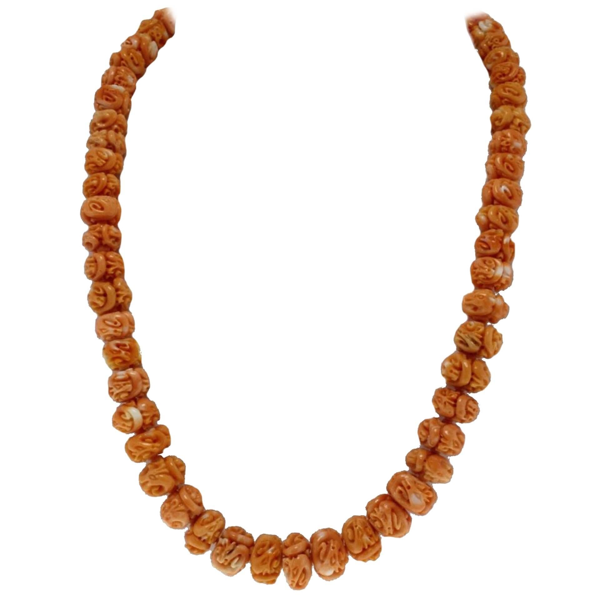 Engraved Orange Spheres Row Corals, 18K Yellow Gold Closure, Beaded Necklace