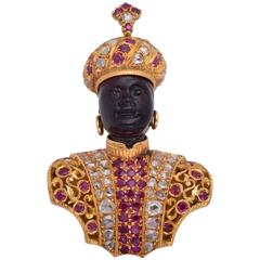 1960s Giulio Nardi Yellow Gold Diamond Ruby Blackamoor Brooch