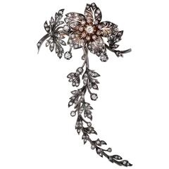 19th Century French Diamond Silver Gold Tremblant Flower Brooch