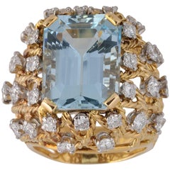1950s French Natural Aquamarine Diamond Gold Cluster Ring 8