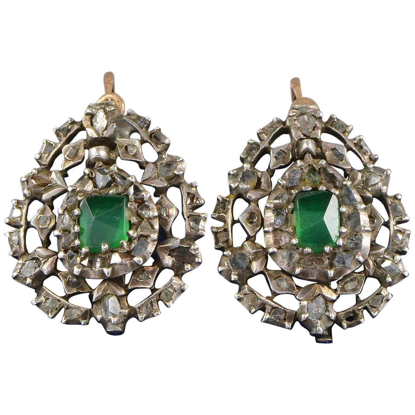 Emerald Diamond Georgian Girandoles Earrings For Sale