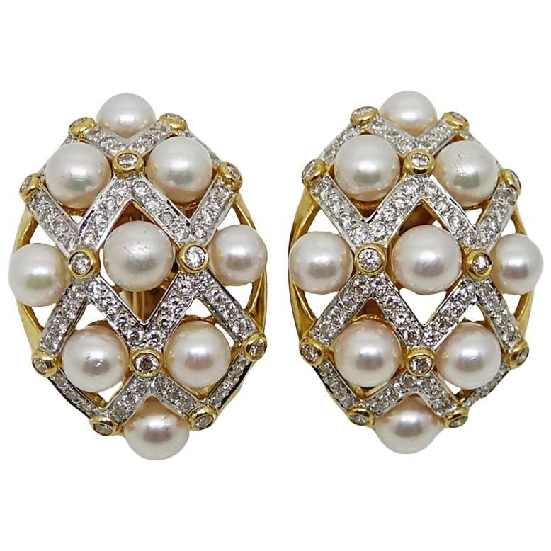 Diamond Pearl Yellow Gold Earrings For Sale