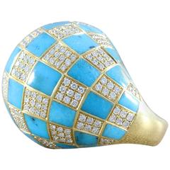 Diamond Turquoise Checkered Dome Ring 9