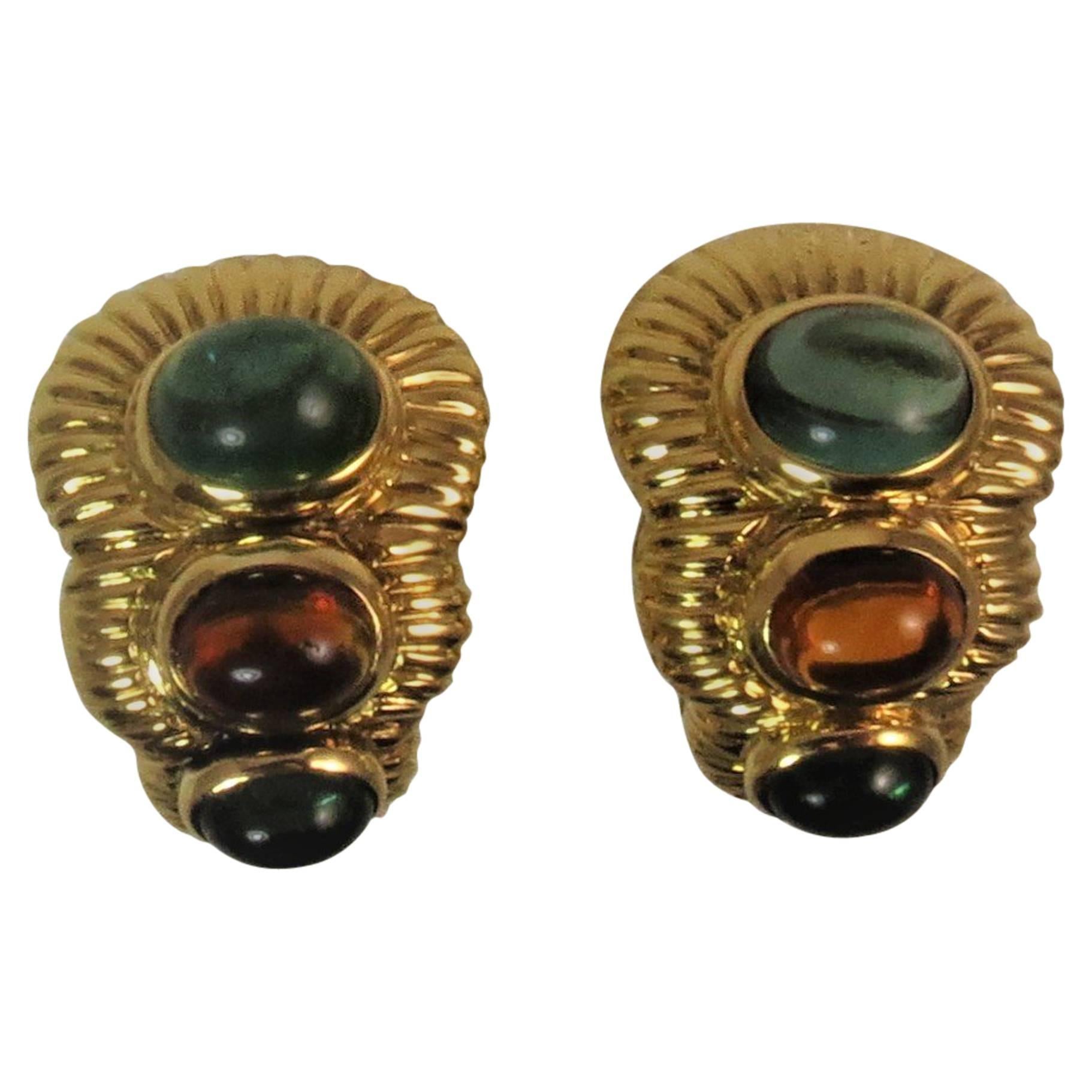 Cabochon Green Tourmaline Citrine Yellow Gold Ear Clips For Sale