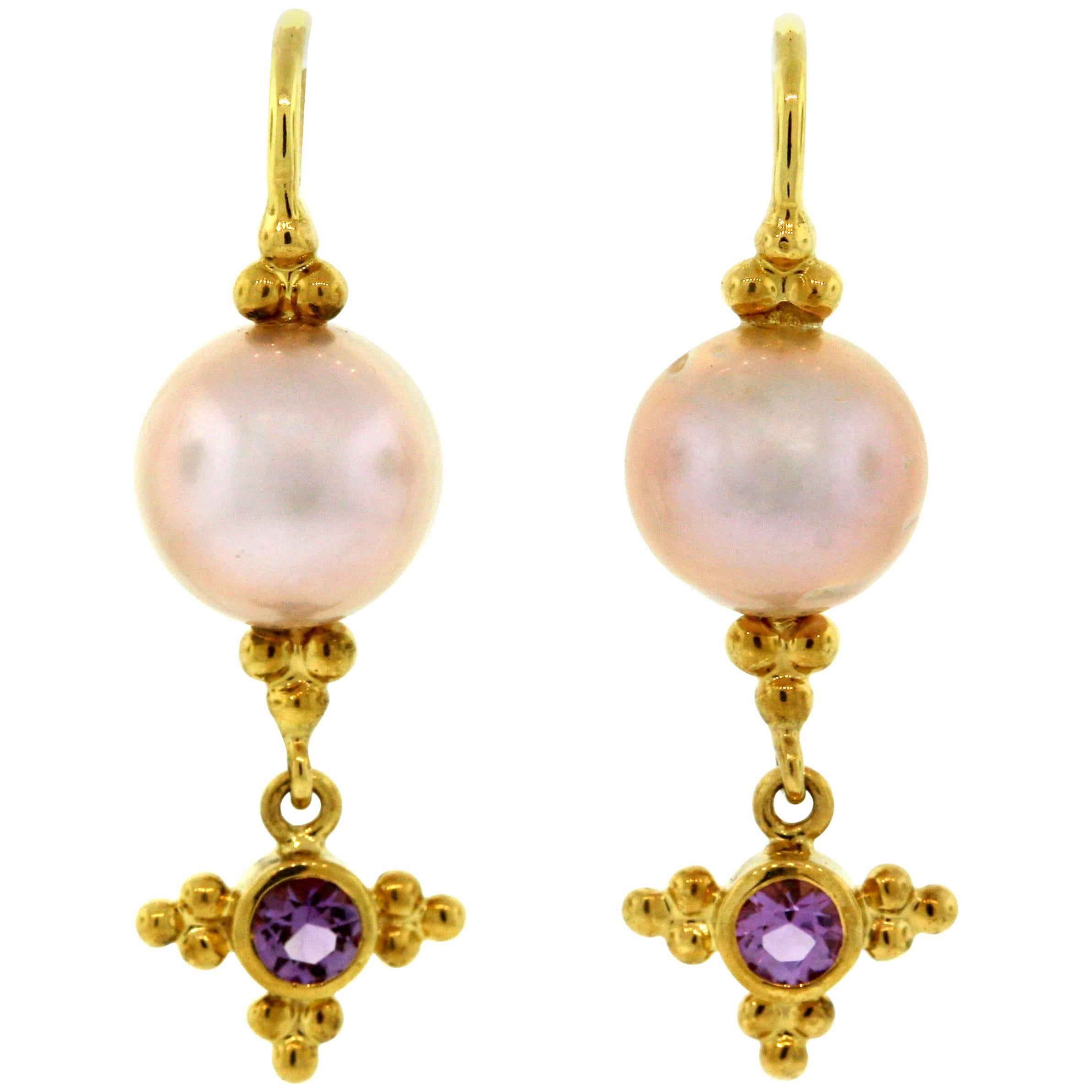Crevoshay Handcrafted Pearl Amethyst Gold Earrings