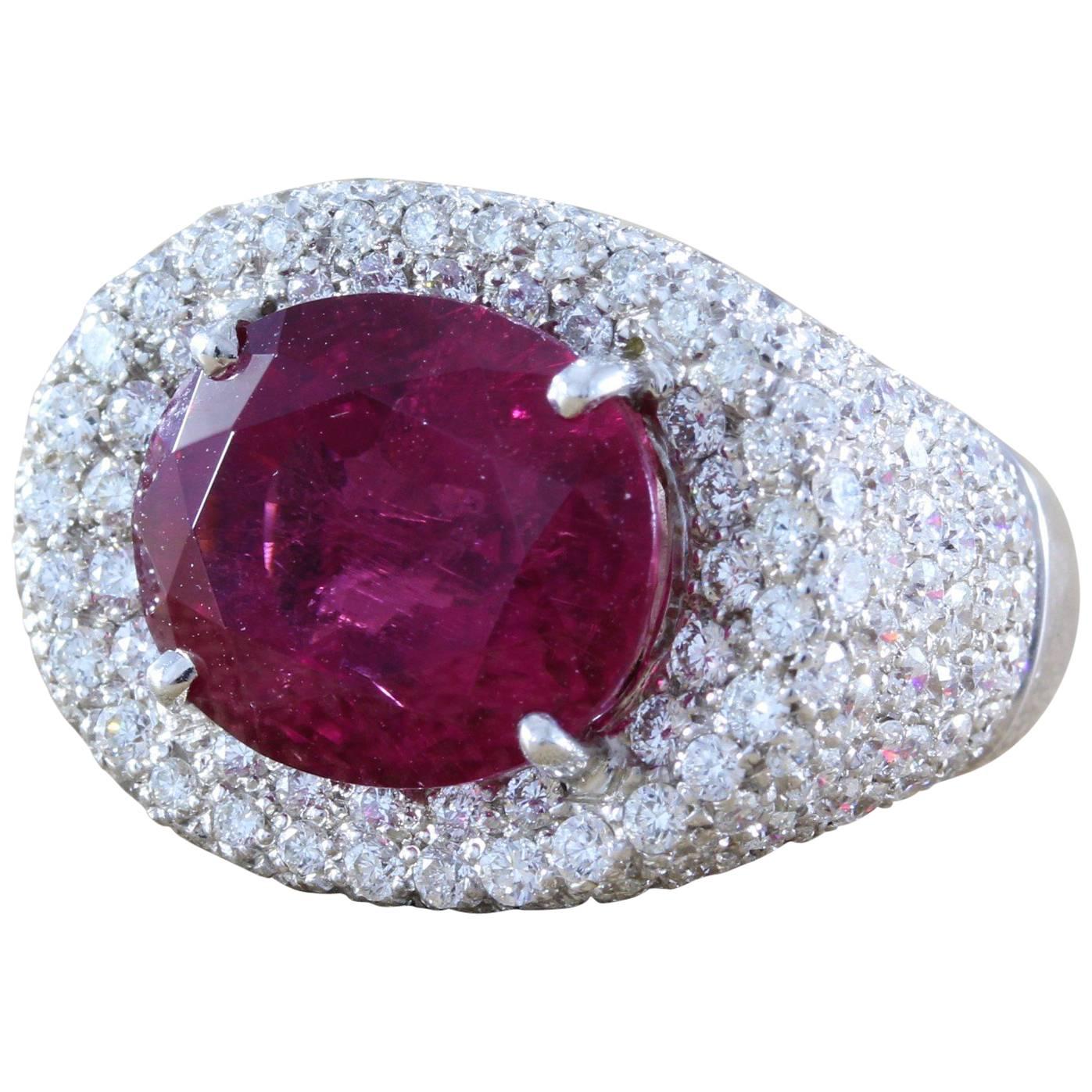 Large Rubellite Tourmaline Diamond Gold Cocktail Ring For Sale