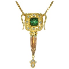 Luna Felix Granulated Green Pink Tourmaline Diamond Gold Pendant Necklace