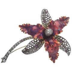 Moira Red Enamel and Diamond Orchid Brooch 8
