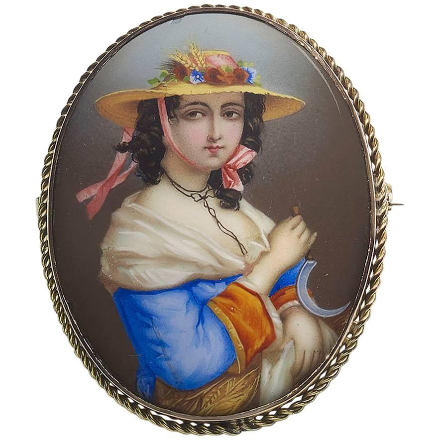Swiss Enamel Portrait of a Lady Brooch