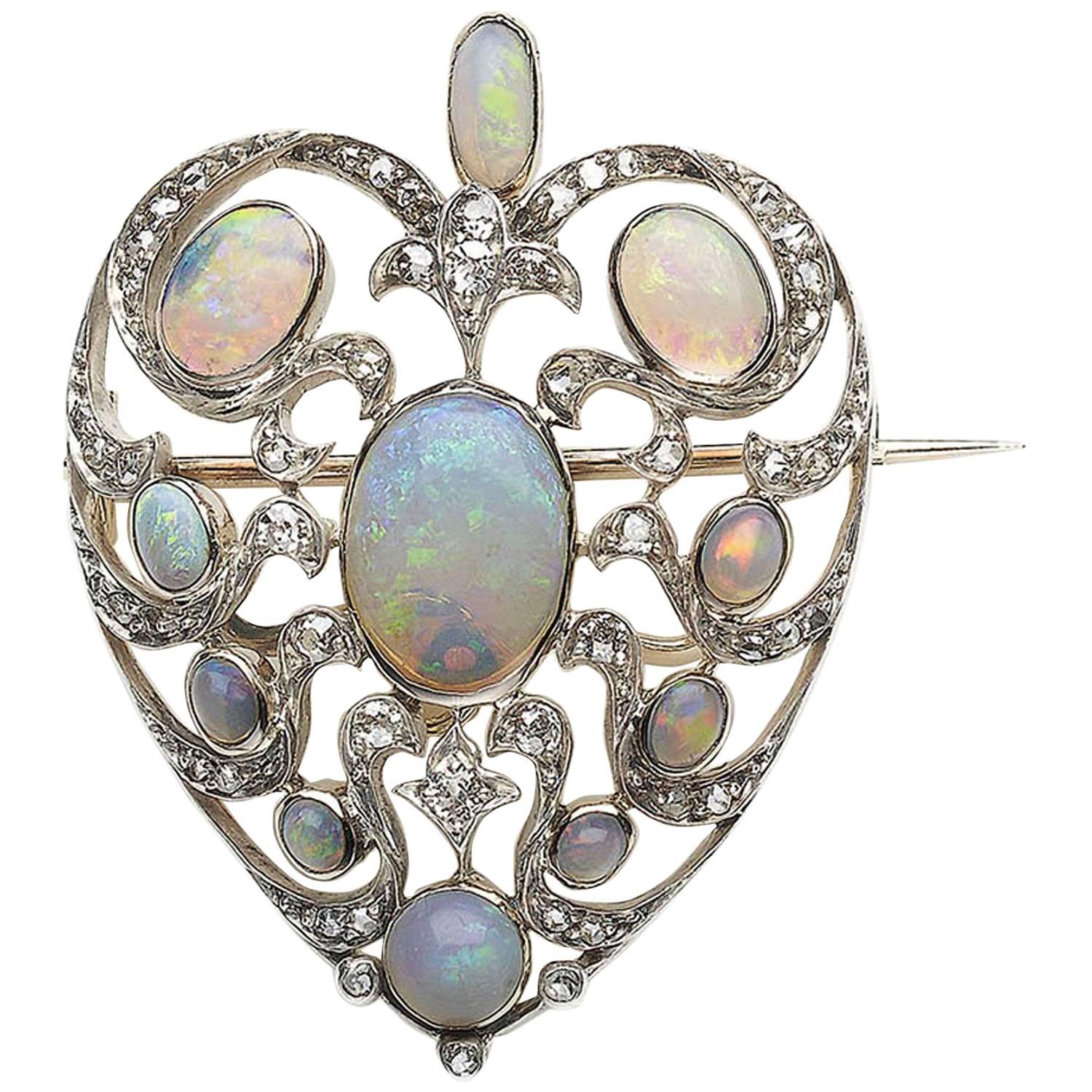 Antique Opal Heart Brooch Pendant