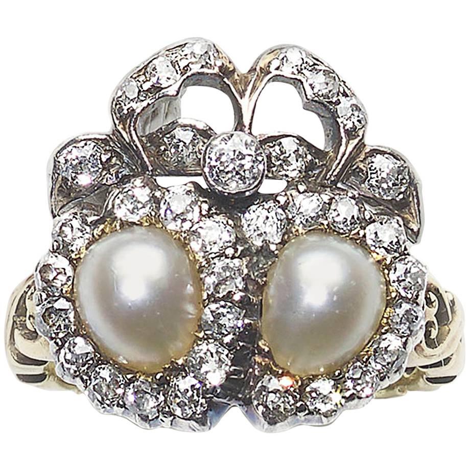 Victorian Pearl and Diamond Double Heart and Bow Ring
