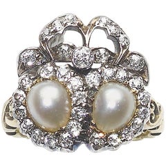 Antique Victorian Pearl and Diamond Double Heart and Bow Ring