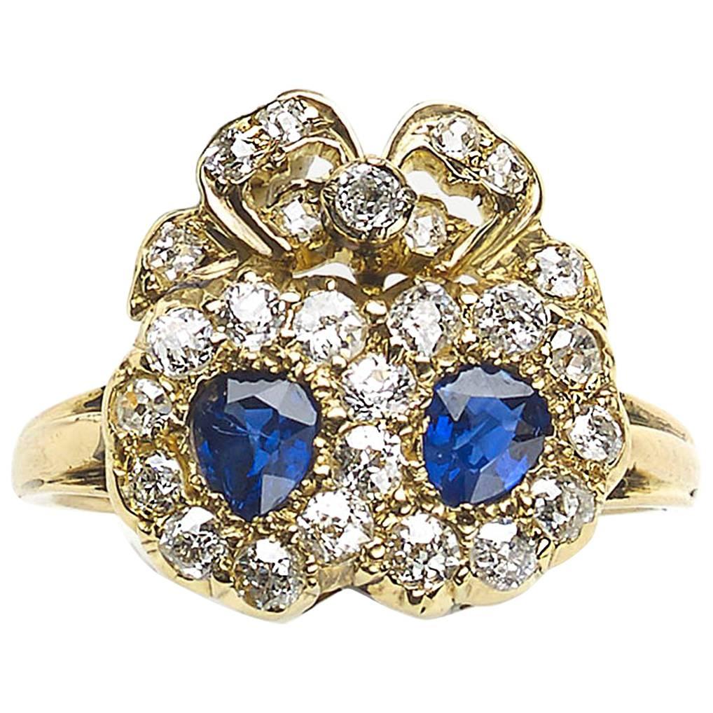 Sapphire and Diamond Double Heart and Cluster Ring