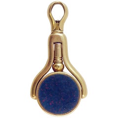 Victorian Pocket Watch Key Fob, Sardonyx, Bloodstone, London 1873, 18 Carat Gold