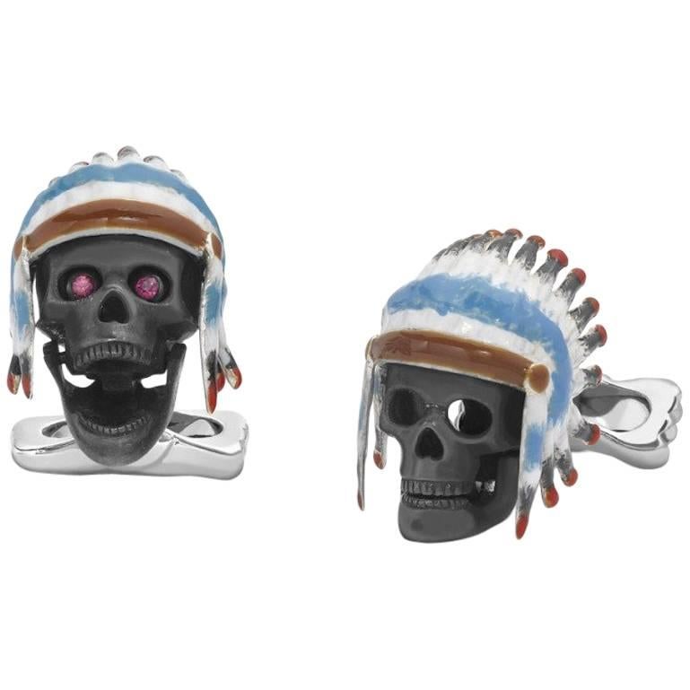 Deakin & Francis Sterling Silver Ruby Enamel American Indian Skull Cufflinks