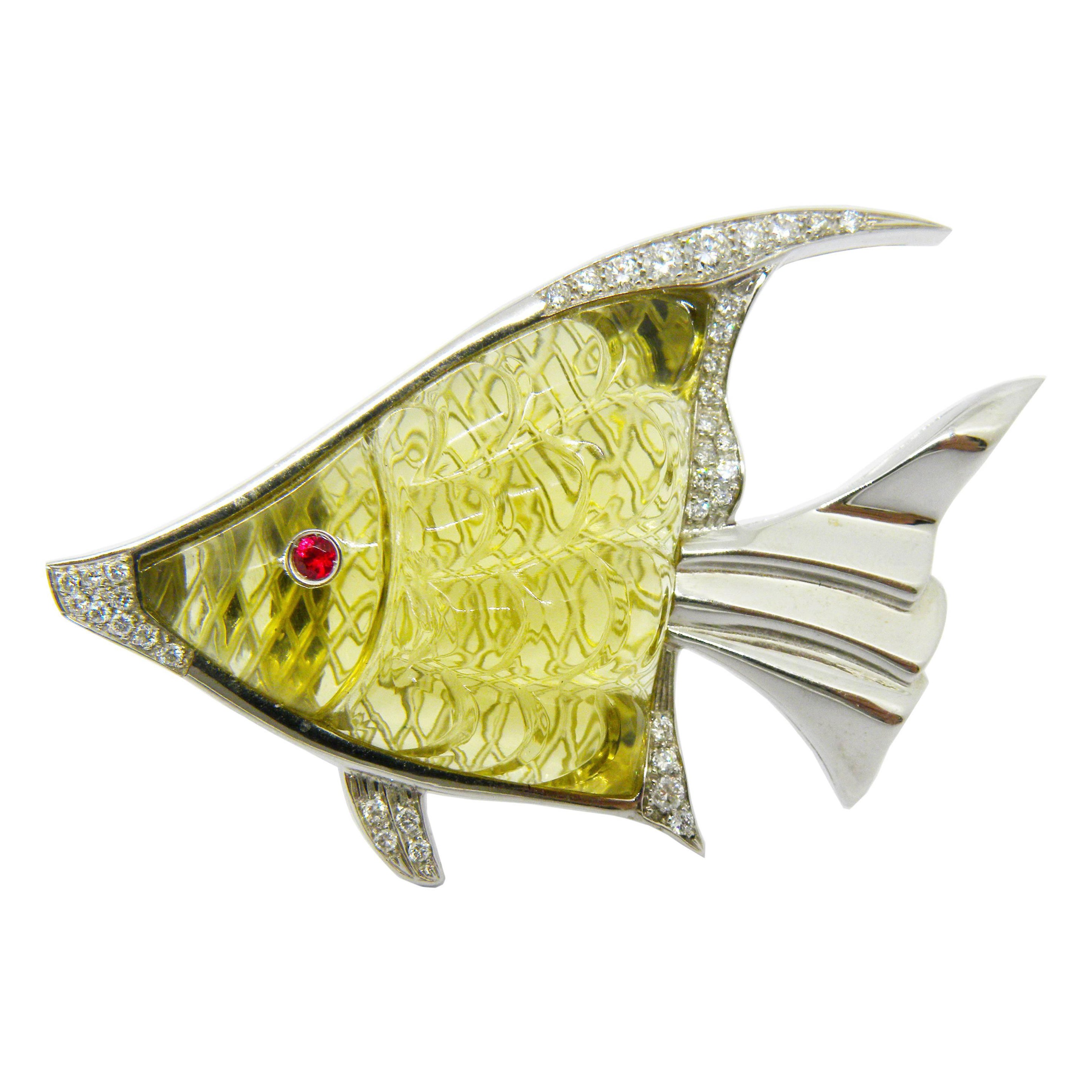 Berca One-of-a-kind 43.25 Carat Lemon Quartz White Diamond Angelfish Brooch