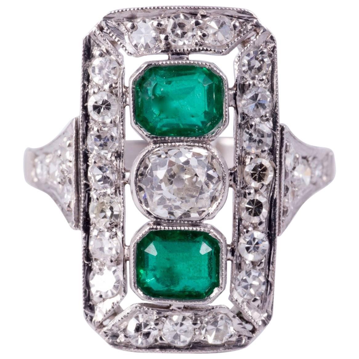  Art Deco Emerald and Diamond Cocktail Ring 