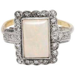 Antique Art Deco Rectangular Opal and Diamond Cluster Ring