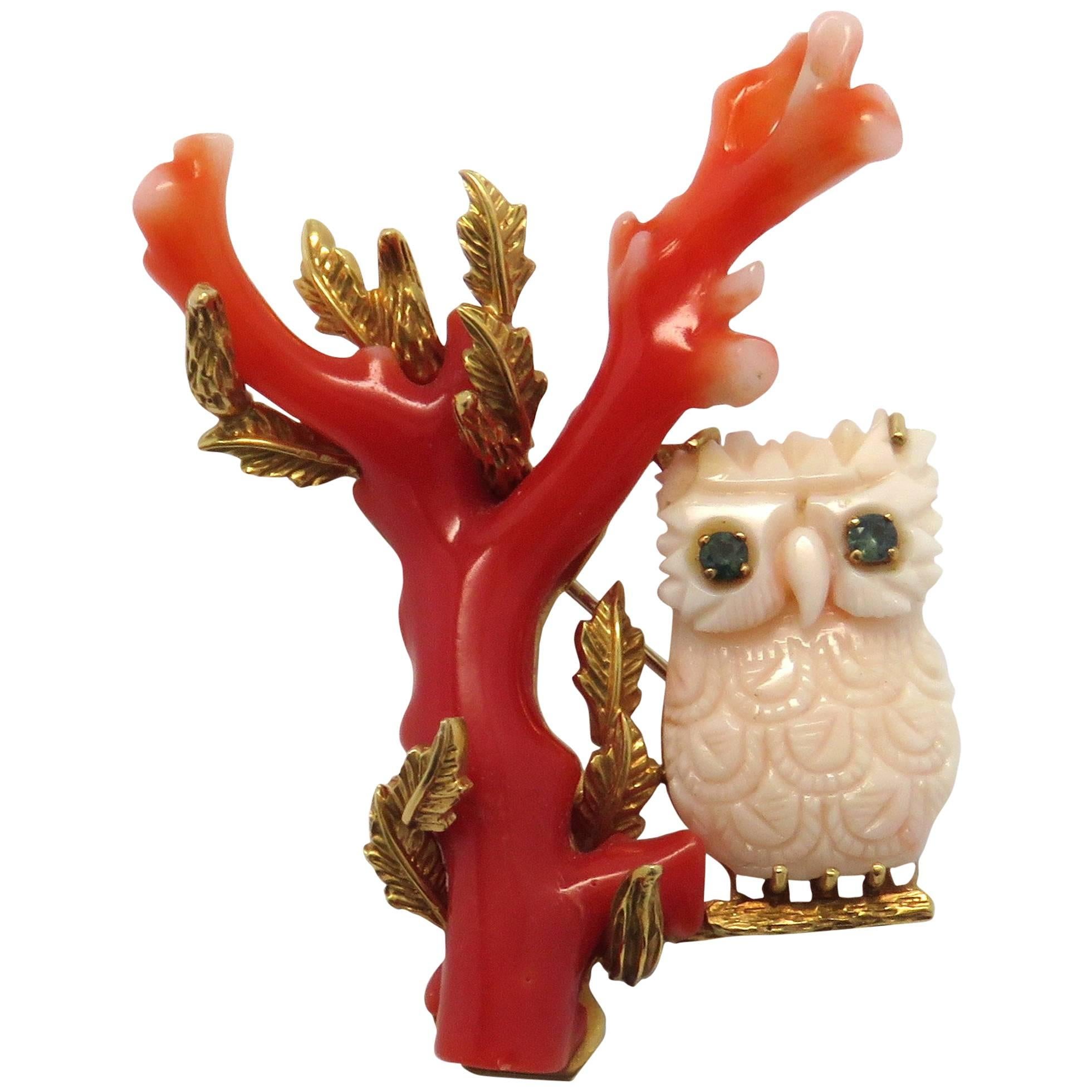Impressive Coral Sapphire Owl Gold Brooch Pin