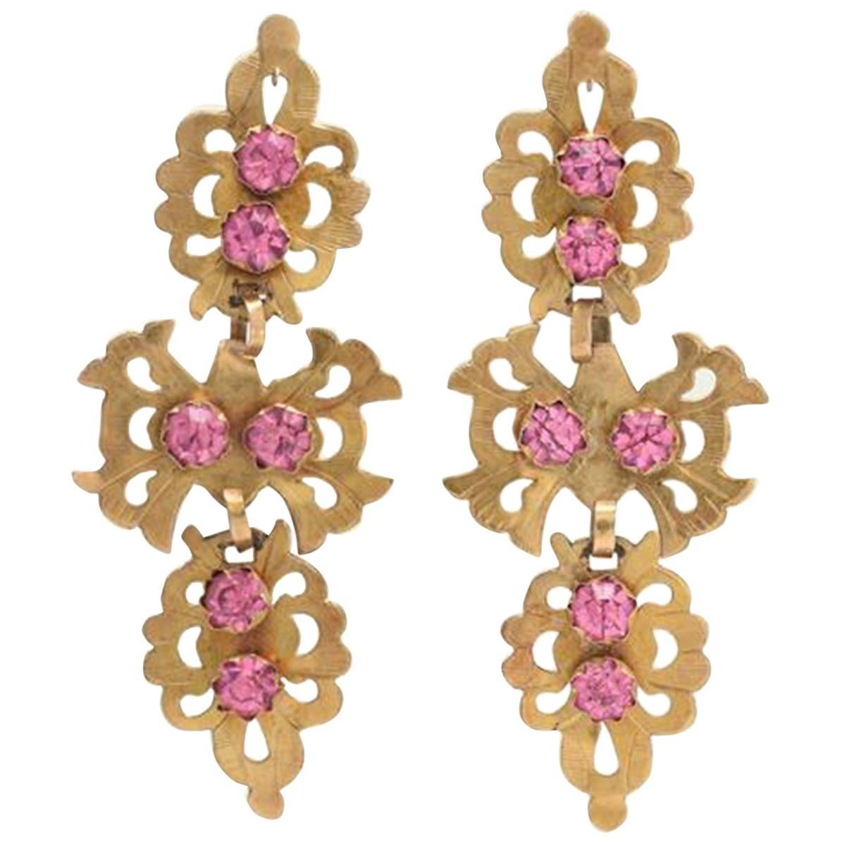 18th Century Iberian Gold and Pink Paste Pendeloque Earrings For Sale