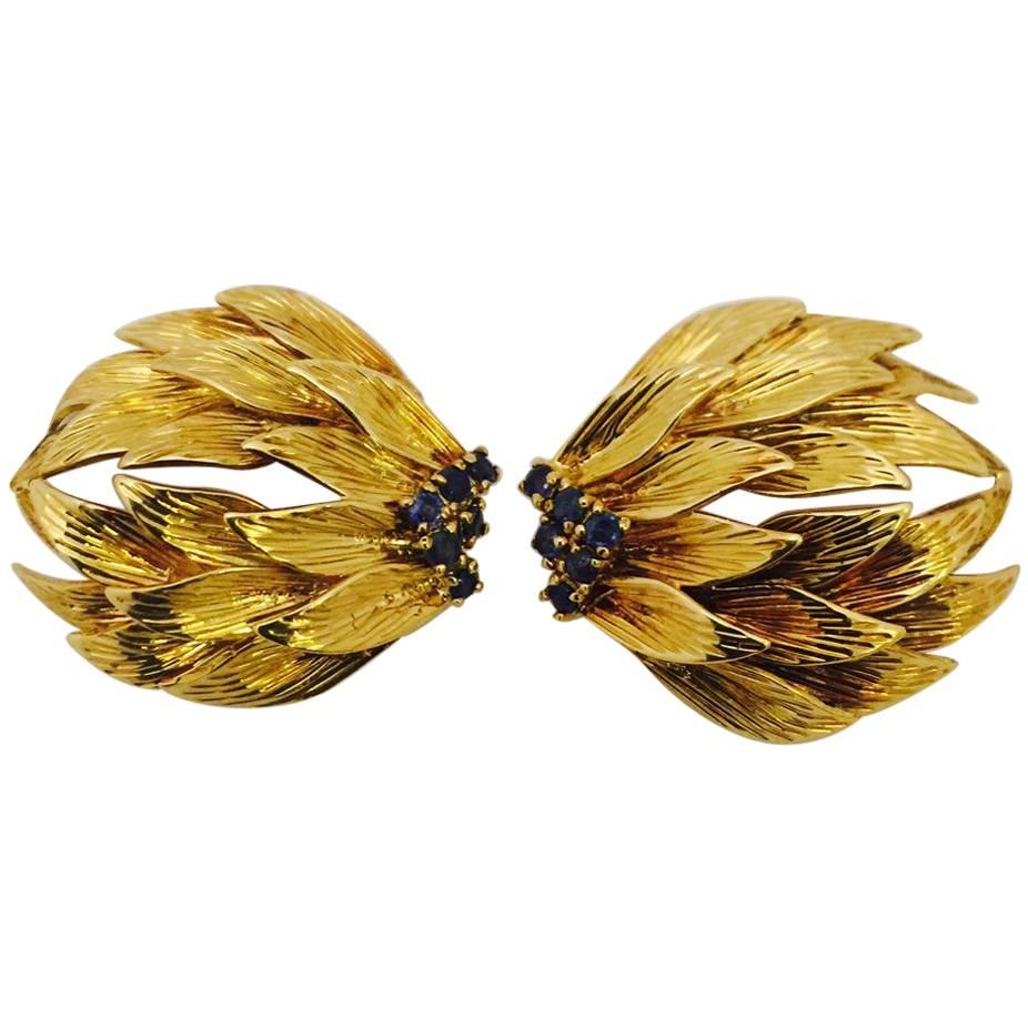 1960s Luscious Leaves and Sapphire Gold Earrings For Sale