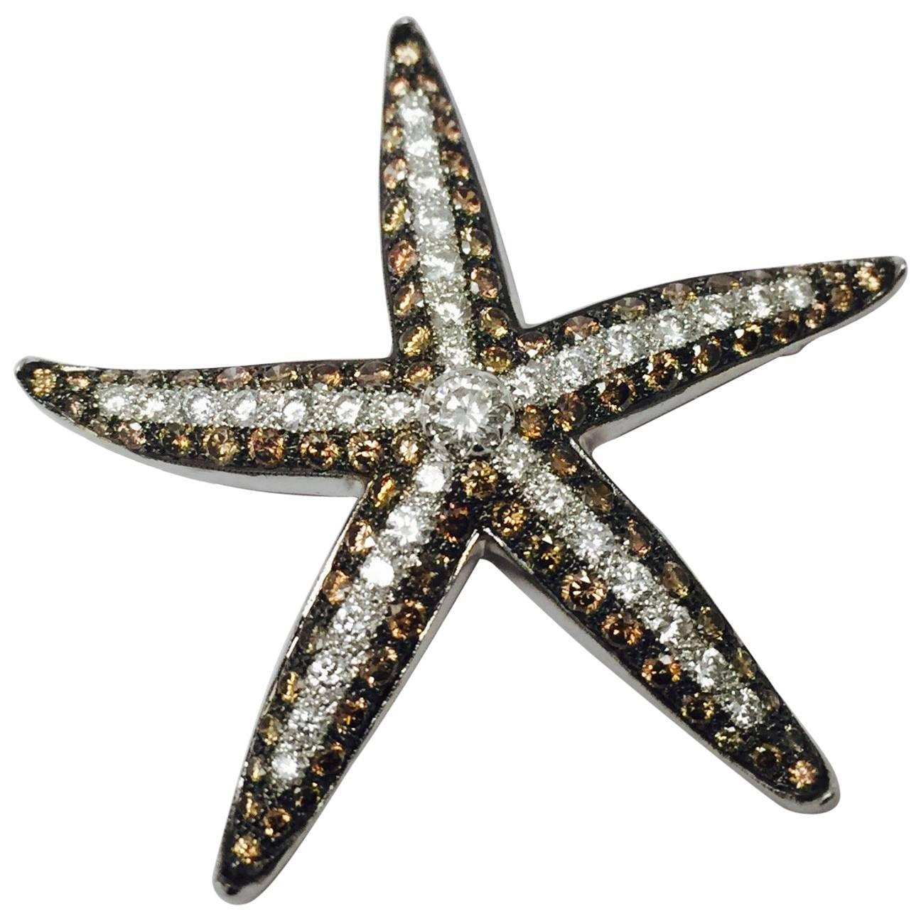 Stunning Champagne White Diamond White Gold Starfish Brooch For Sale