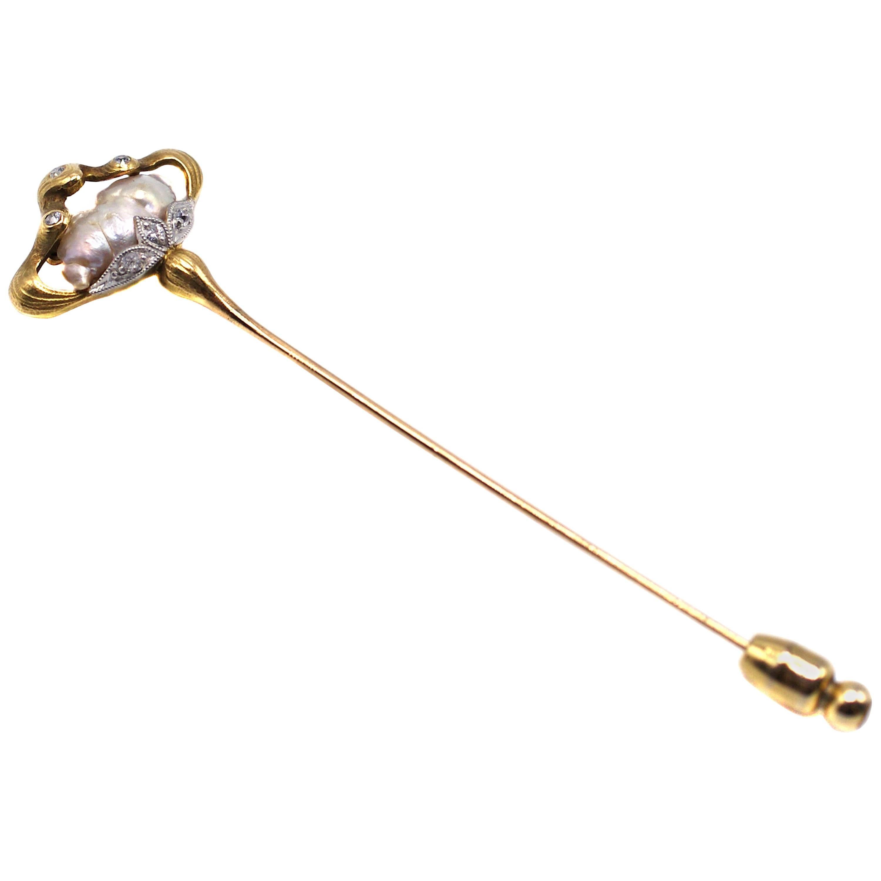 Spaulding & Co Belle Epoque Gold Diamond and Pearl Stick Pin
