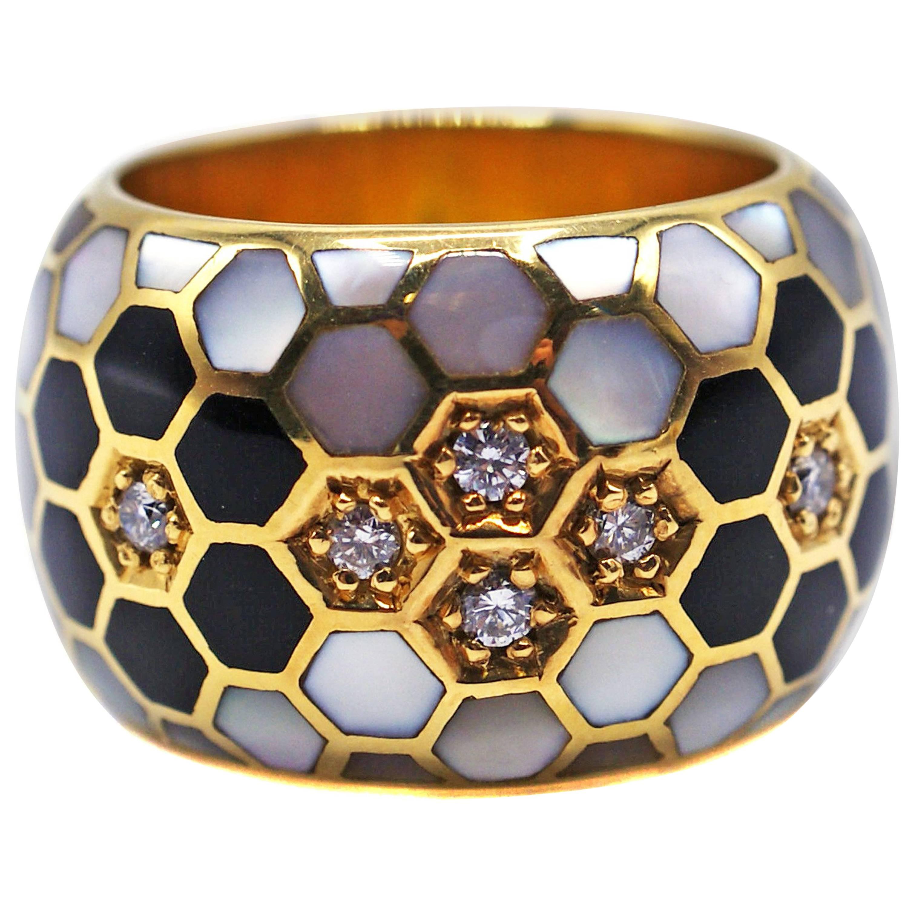 1970s Honeycomb Diamond Enamel Mother-of-Pearl Ring