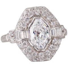 French Art Deco Diamond Platinum Plaque Ring with Modified Baroness Cut Diamond