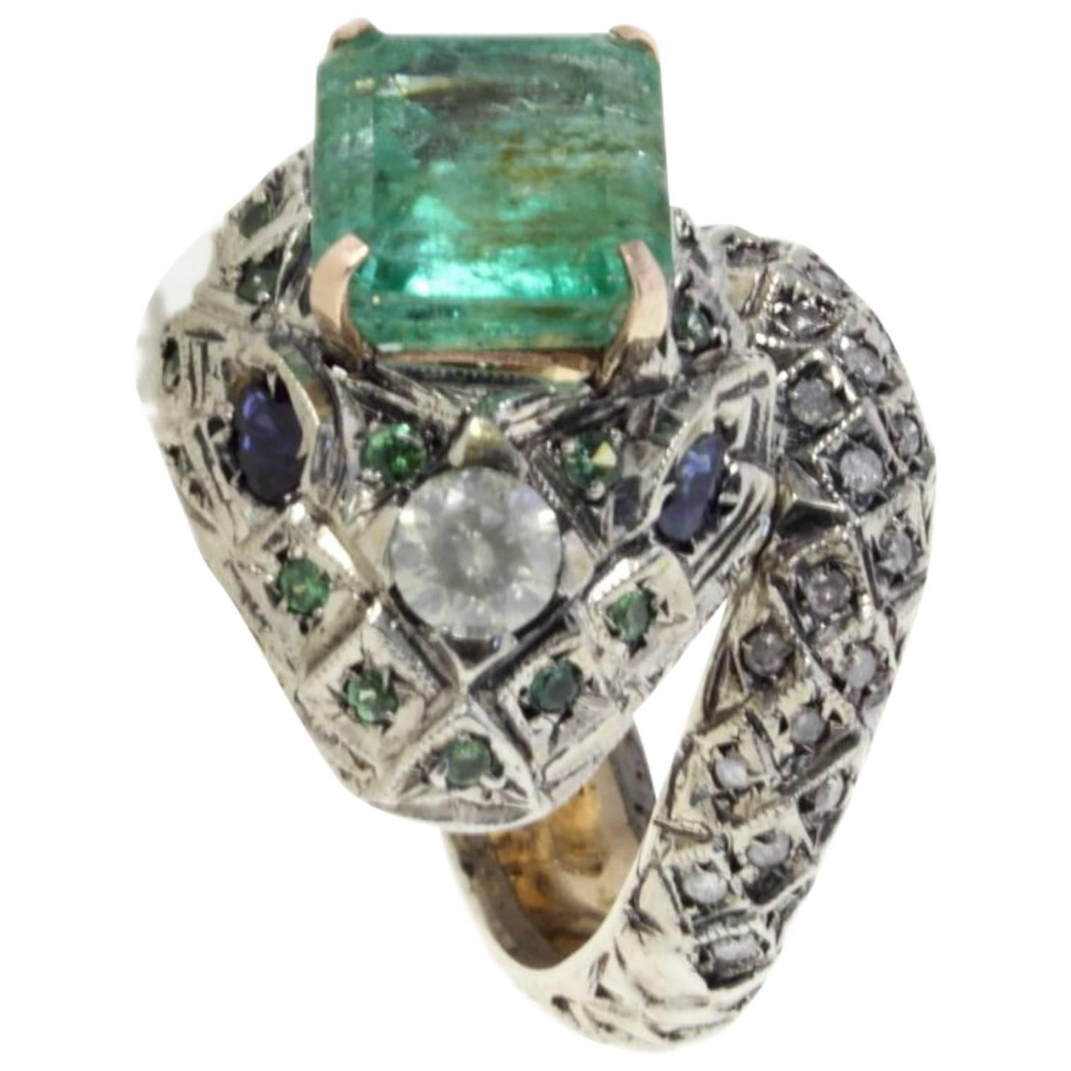  Emerald Diamond Blue Sapphire  Tsavorite Snake rose gold and silver Ring