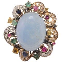 Retro  Rose Gold Aquamarine Ruby Emerald Sapphire Diamond Ring