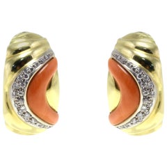 White Diamonds, Red Coral, 18K Yellow Gold Clip-on/Stud Earrings