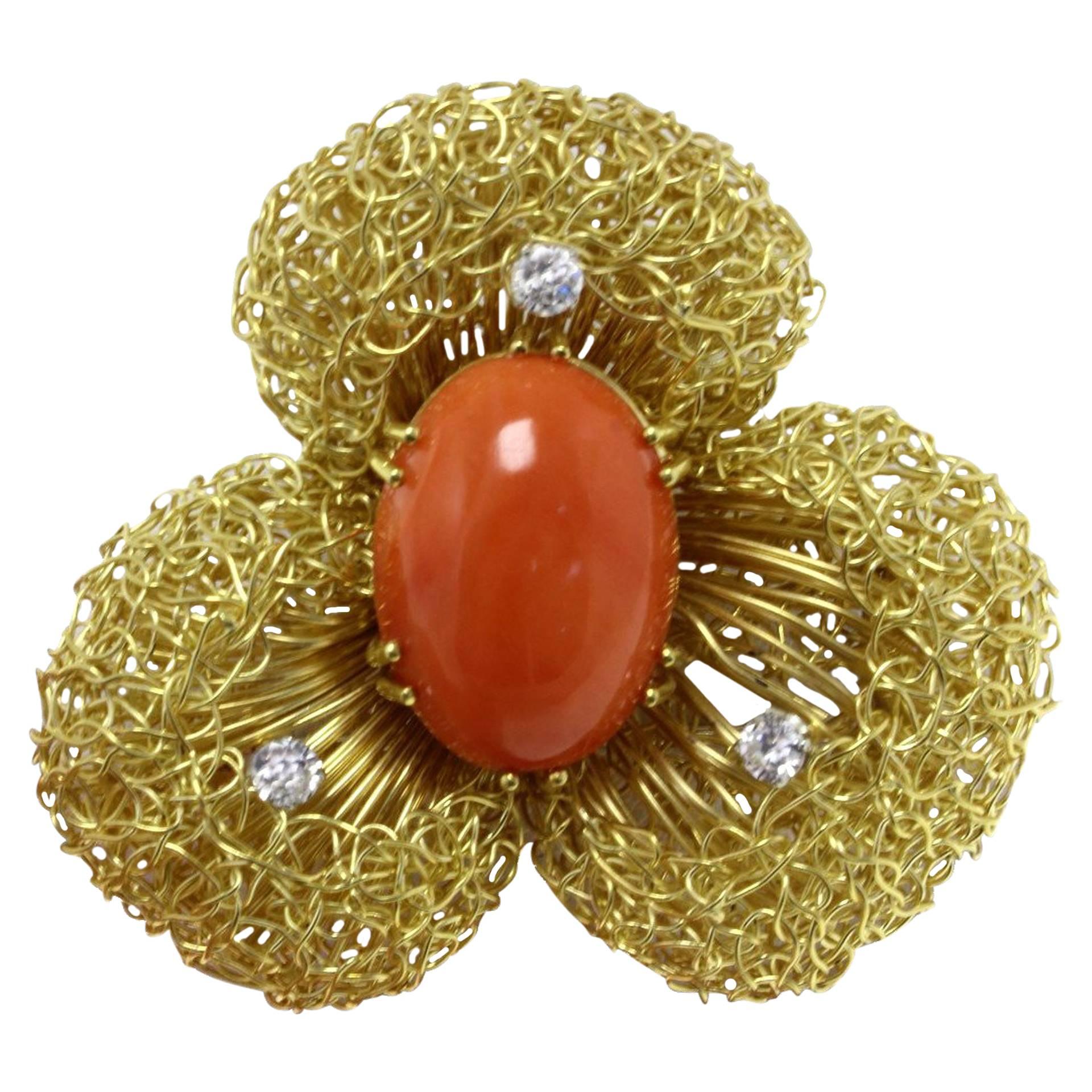 White Diamonds, Oval Shape Red Coral, 18K Yellow Gold Flower Design Brooch For Sale
