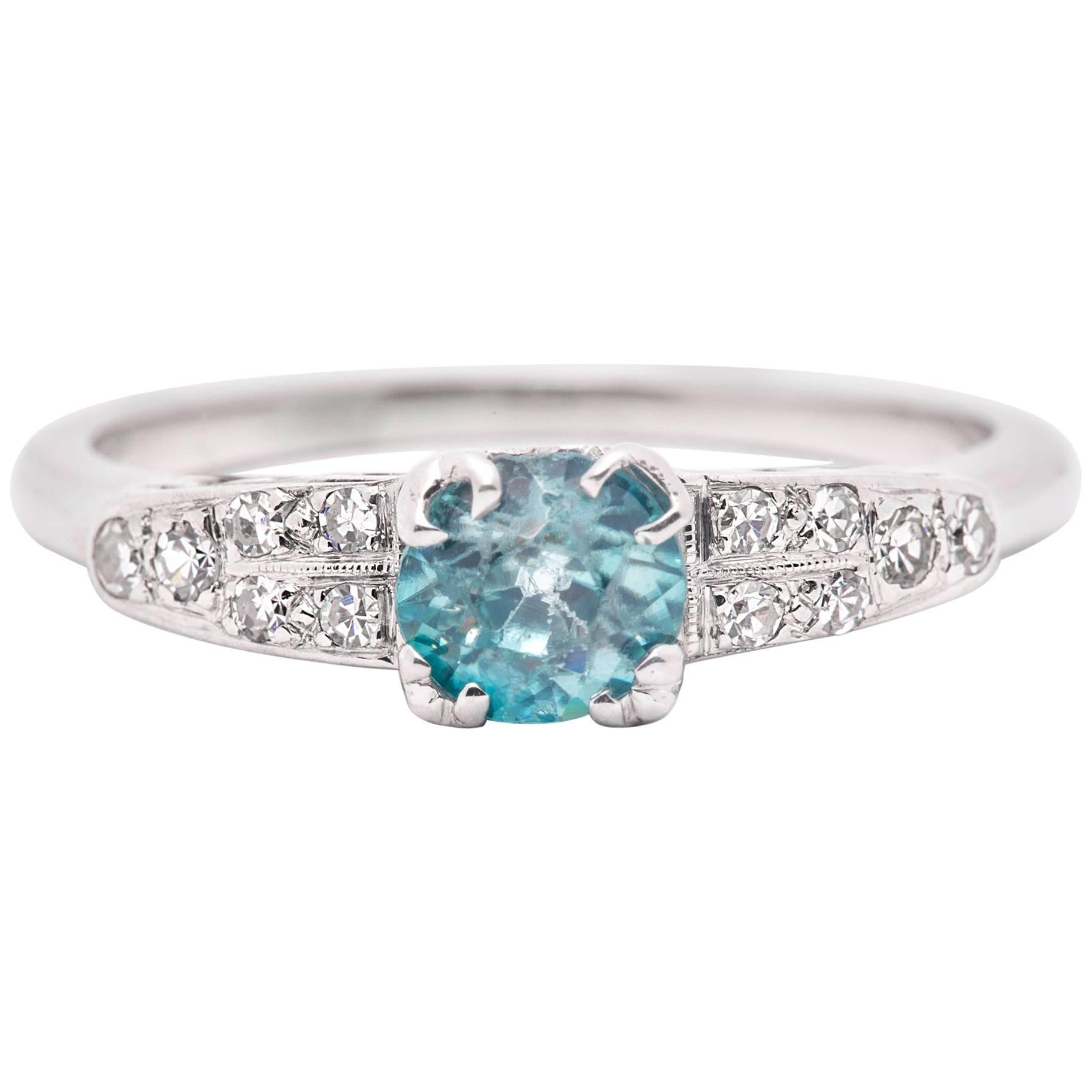 Art Deco Blue Zircon Diamond White Gold Ring For Sale