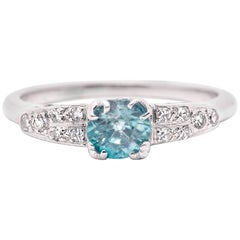 Antique Art Deco Blue Zircon Diamond White Gold Ring