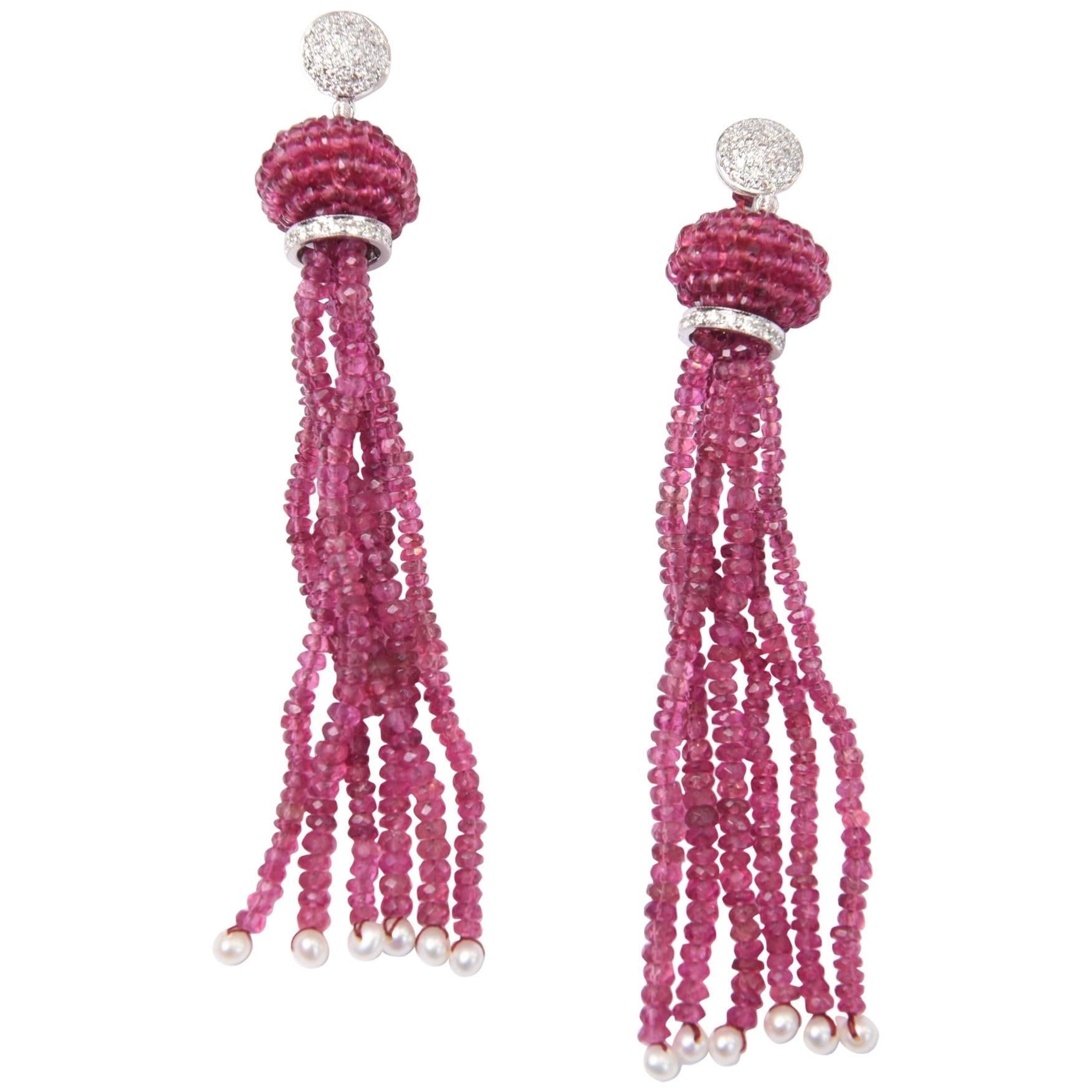 Pink Tourmaline Diamond Gold Tassel Earrings