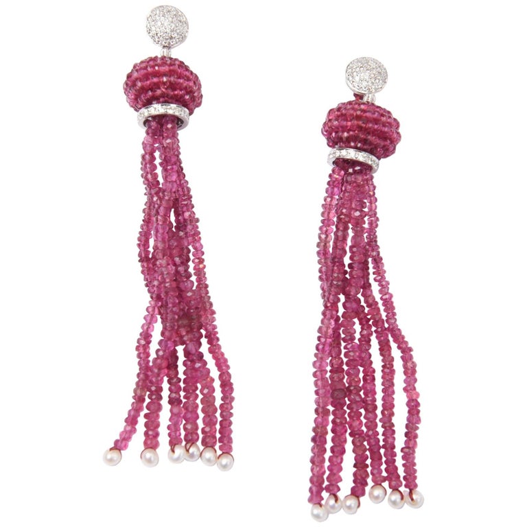 Pink Tourmaline Diamond Gold Tassel Earrings For Sale at 1stDibs
