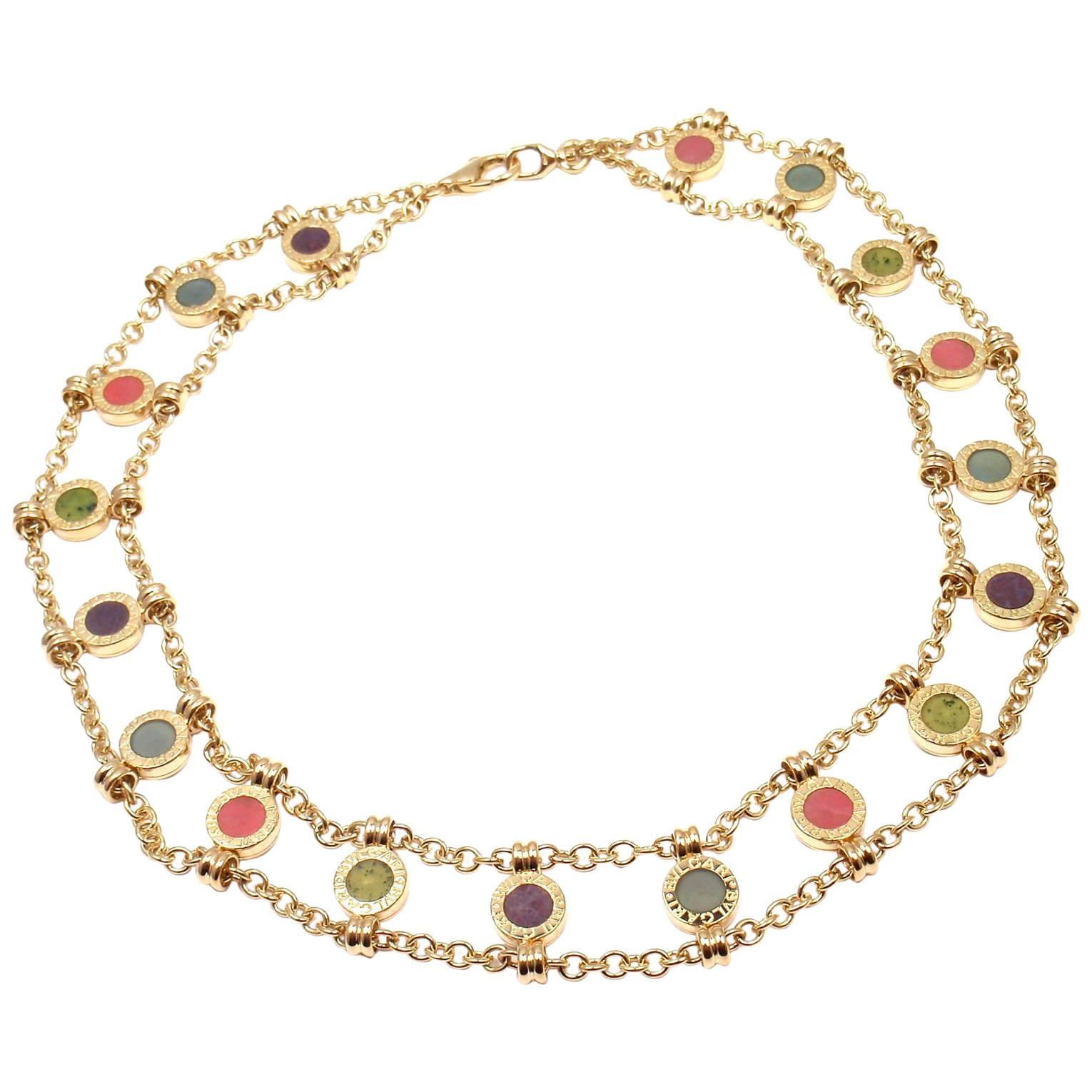 Bulgari Coral Amethyst Agate Yellow Gold Link Necklace