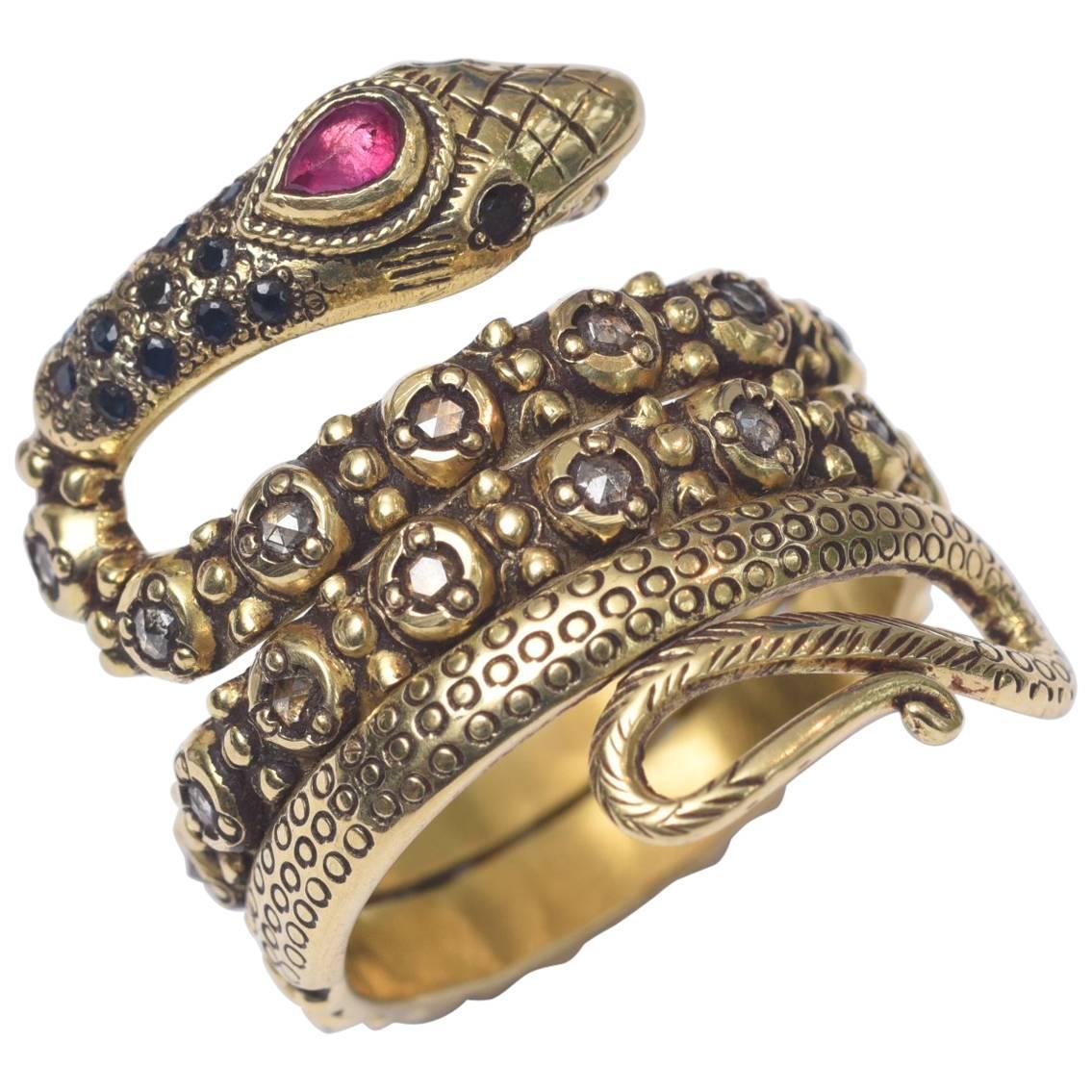 Diamond Sapphire Ruby and 18K Gold SnakeRing 