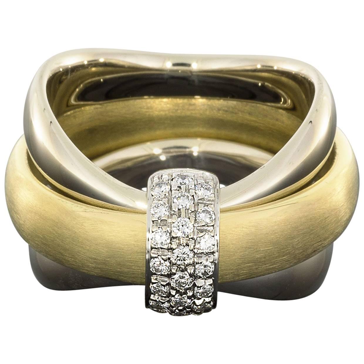 Rare Pomellato Gold Pave Diamond Centre Three Movable Band Ring For Sale