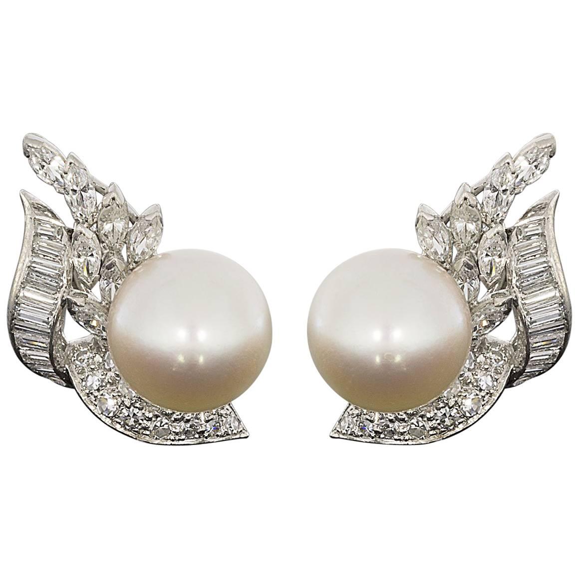 Certified Estate Platinum Akoya Cultured Pearl and Diamond Swirl Earrings