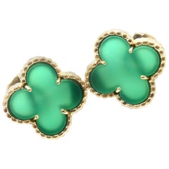 Van Cleef & Arpels Vintage Alhambra Green Chalcedony Yellow Gold Earrings