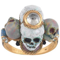 1980s Attilio Codognato Renaissance Revival Enamel Diamond Four Skull Ring