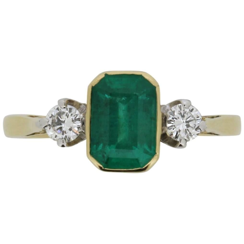 Vintage Emerald and Diamond Three-Stone Ring, circa 1980s