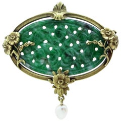 Antique Carved Jade with Natural Pearl Brooch 10