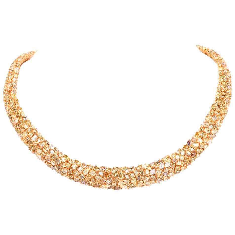 Exceptional Natural Multi-Color Fancy Diamond Gold Cluster Necklace