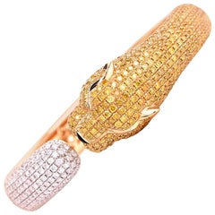 Natural Fancy Intense Yellow Diamond Panthere Cuff Gold Bangle Bracelet