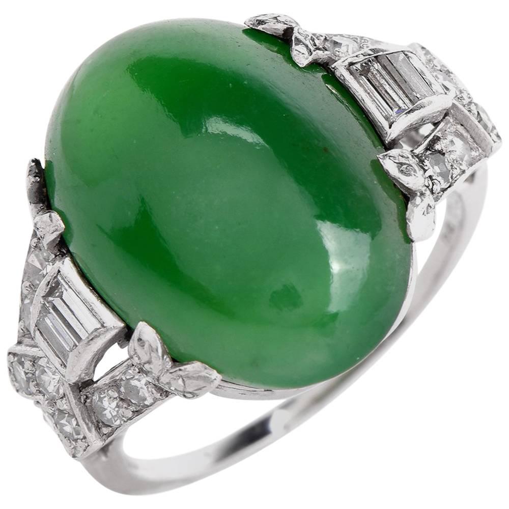 GIA Certified Art Deco 10.22 Carat Jade Cabochon Diamond Platinum Ring