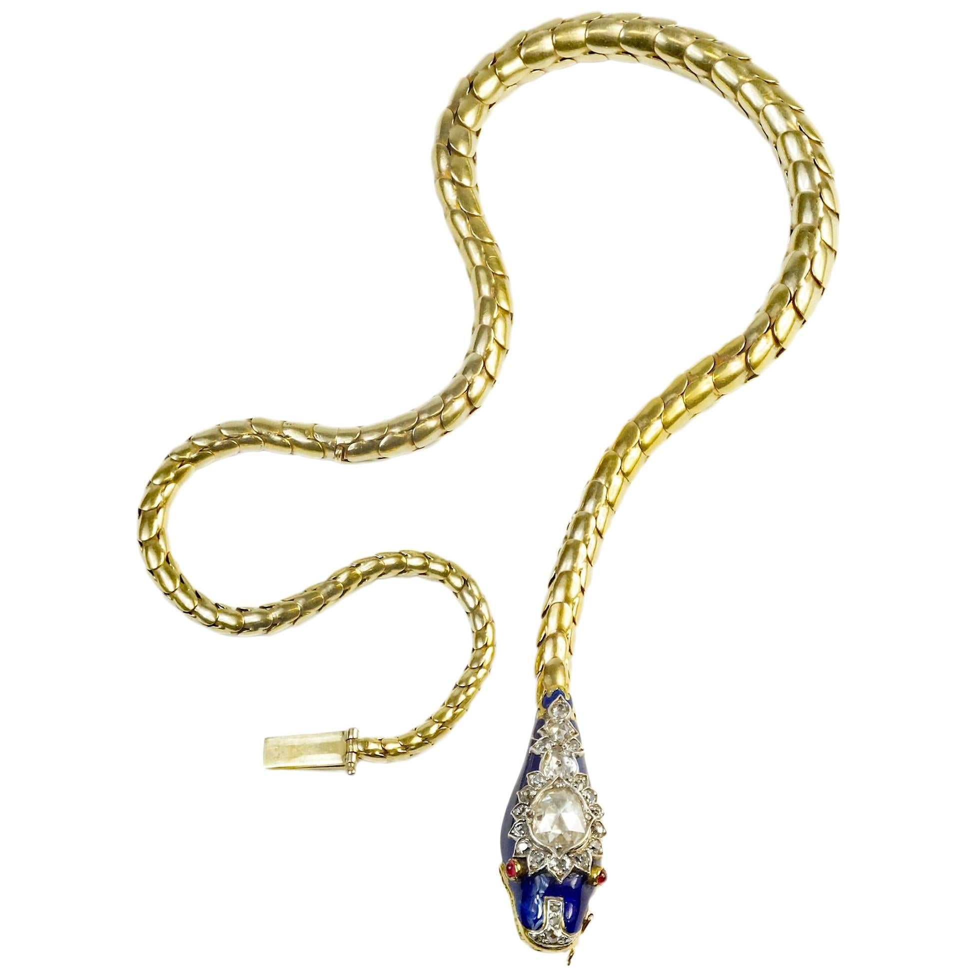 Victorian Blue Enamel Diamonds Snake Necklace Bracelet   For Sale